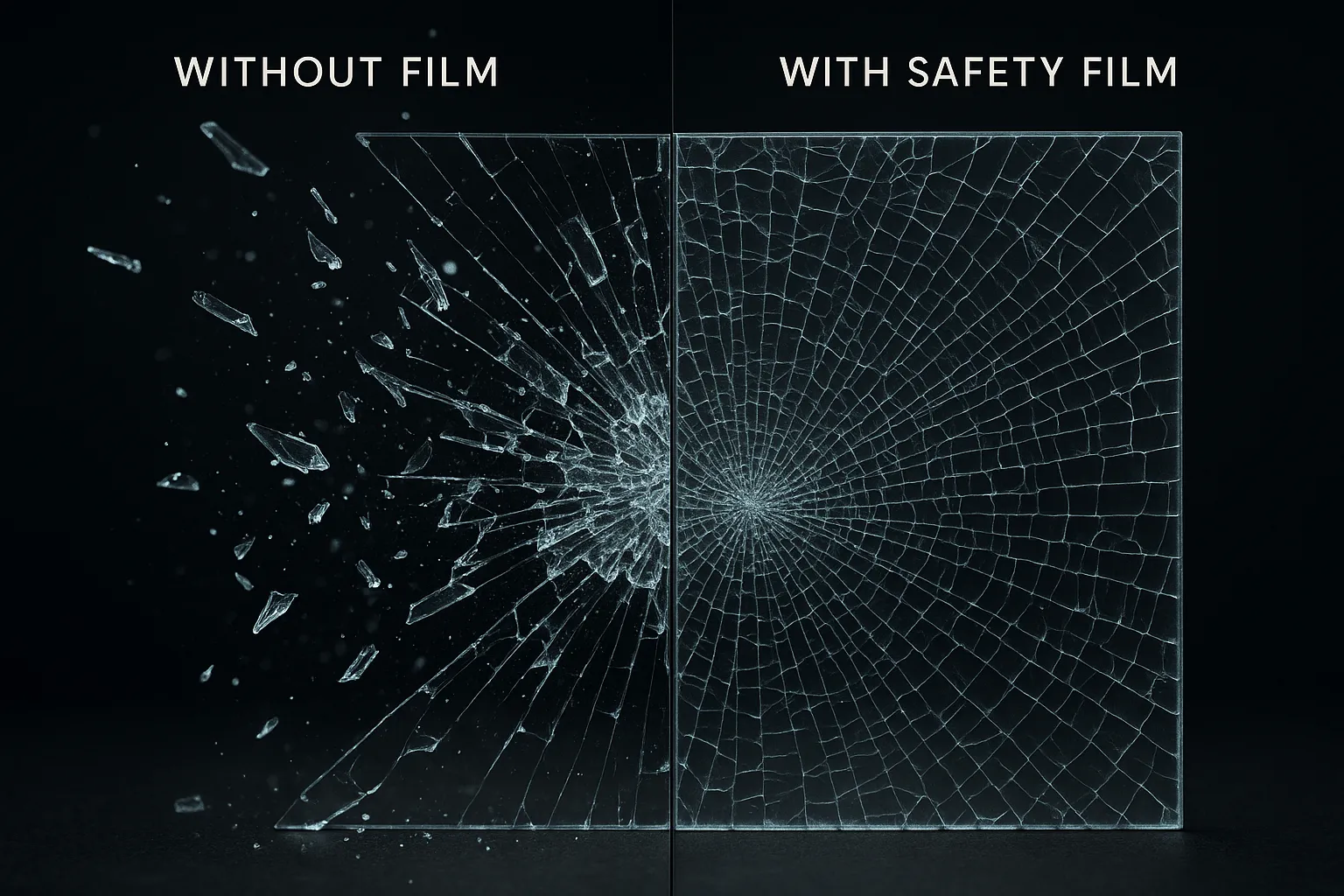 Glass safety film comparison: shattered glass held together by VitraGuard 12-Mil film versus unprotected glass that scatters dangerous fragments